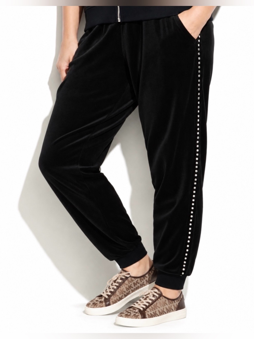 Michael Kors Women's Velour Black Rhinestone Side Joggers Pants Size XXL NWT